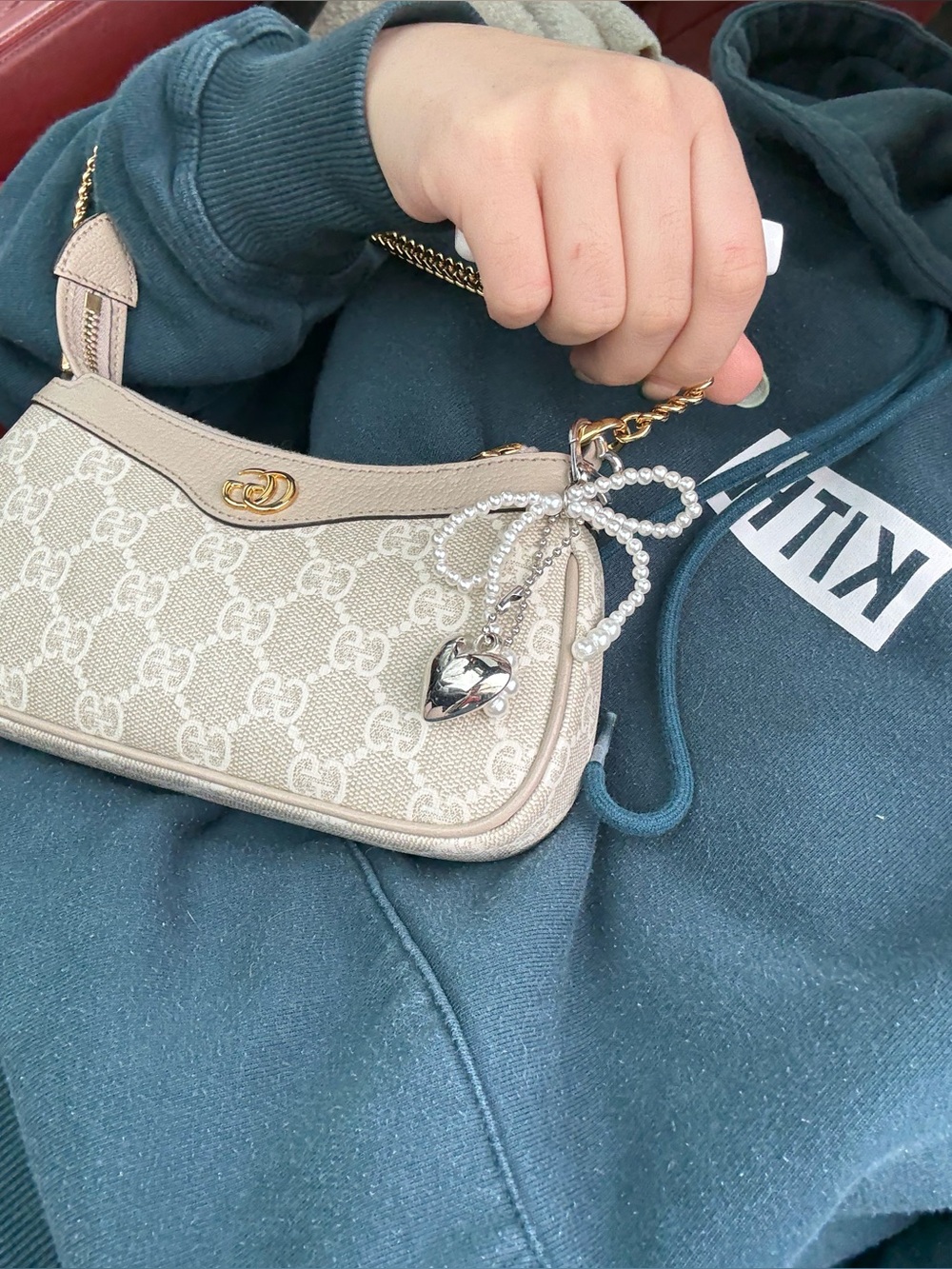 Gucci Gray Monogram Clutch with Gold Chain - Picture 7 of 8